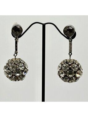 Vintage Art Deco Rhinestone Dangling Disco Ball Earrings Clip-On Bling, Unsigned